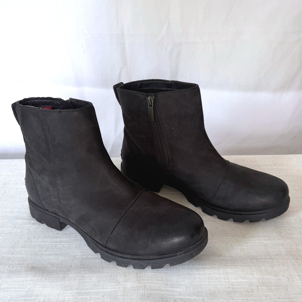 Sorel Emelie‎ III Zip Waterproof Leather Ankle Boots Black Lug Sole Chelsea